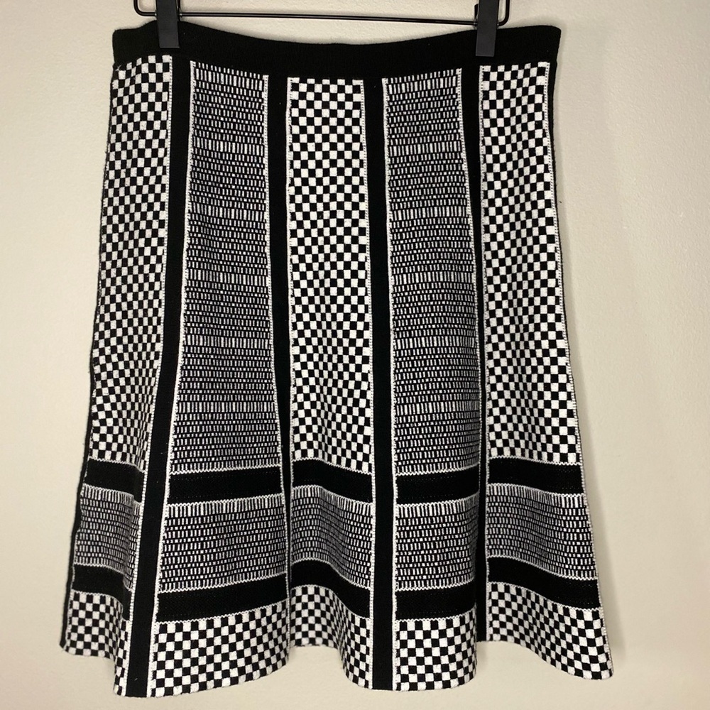 Black White Checkerboard Midi Skirt Geometric A Line Statement Modern Retro - Picture 4 of 8